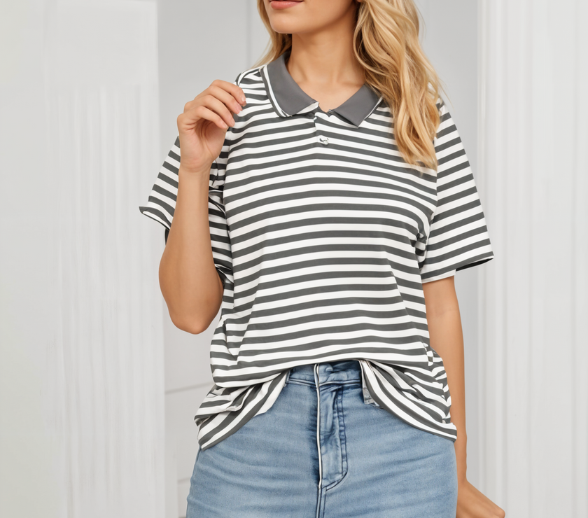 Mack Jonney Women's Striped Cotton Rich Polo T Shirt | Collar Tshirts | Half Sleeves | Stripe-Regular Fit