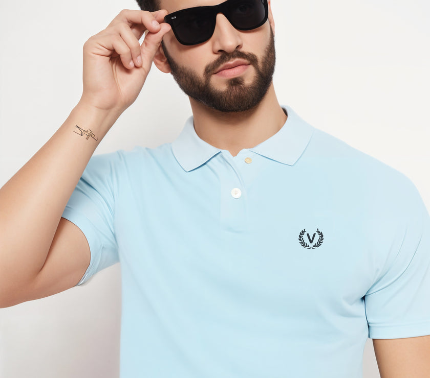 Mack Jonney Men’s Solid Premium Pique Cotton Skyblue Color Polo T Shirt | Polo Tshirts | Half Sleeves | Solid-Regular Fit