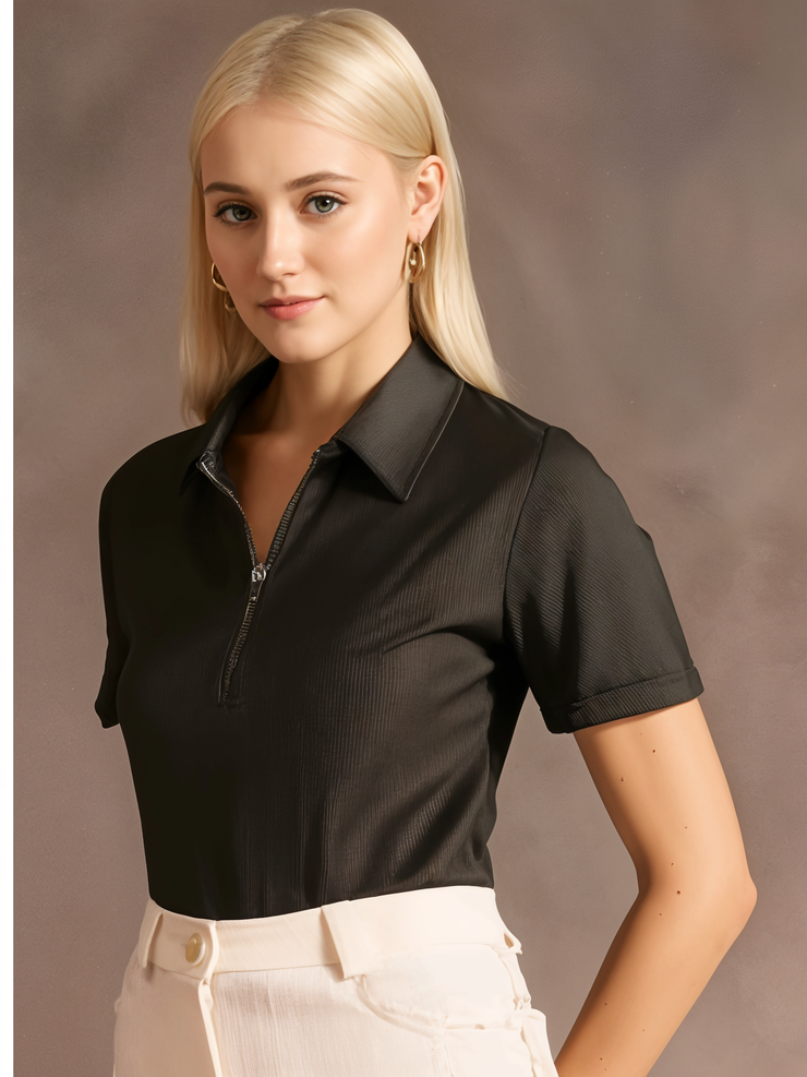 Mack Jonney Ribbed |Regular Fit | Half Sleeves 100% Cotton Polo Neck Self Design With Zip T-Shirt for Women