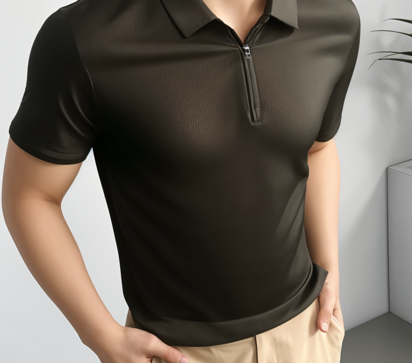 Mack Jonney Ribbed |Regular Fit | Half Sleeves 100% Cotton Polo Neck Self Design With Zip T-Shirt for Men