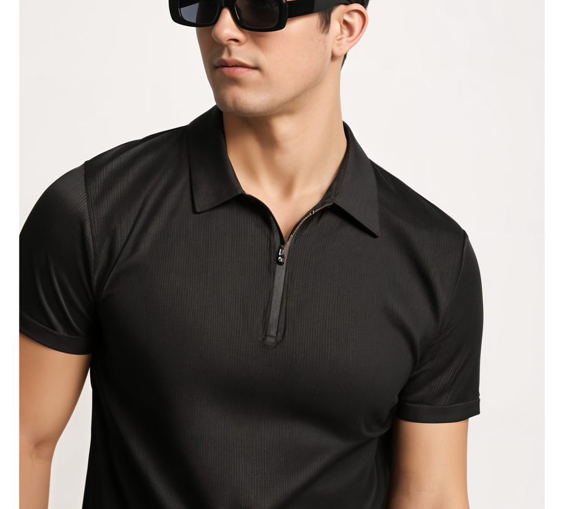 Mack Jonney Ribbed |Regular Fit | Half Sleeves 100% Cotton Polo Neck Self Design With Zip T-Shirt for Men