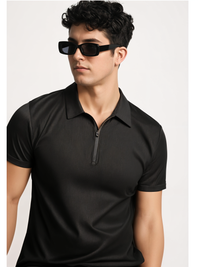 Mack Jonney Ribbed |Regular Fit | Half Sleeves 100% Cotton Polo Neck Self Design With Zip T-Shirt for Men
