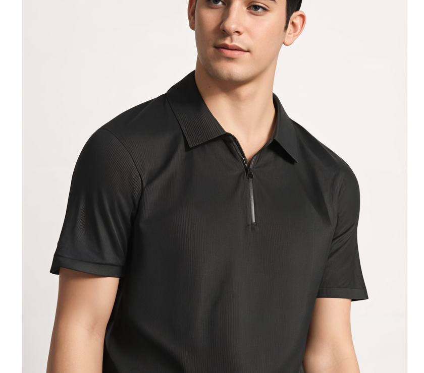 Mack Jonney Ribbed |Regular Fit | Half Sleeves 100% Cotton Polo Neck Self Design With Zip T-Shirt for Men