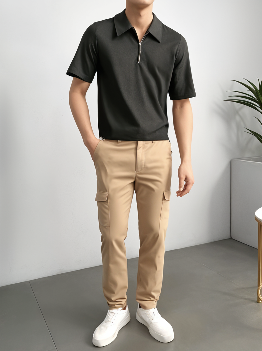 Mack Jonney Ribbed |Regular Fit | Half Sleeves 100% Cotton Polo Neck Self Design With Zip T-Shirt for Men