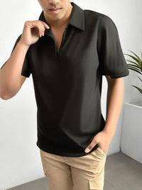 Mack Jonney Ribbed |Regular Fit | Half Sleeves 100% Cotton Polo Neck Self Design With Zip T-Shirt for Men