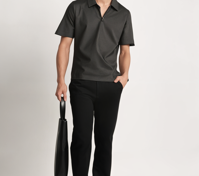 Mack Jonney Ribbed |Regular Fit | Half Sleeves 100% Cotton Polo Neck Self Design With Zip T-Shirt for Men