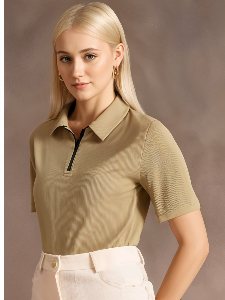 Mack Jonney Ribbed |Regular Fit | Half Sleeves 100% Cotton Polo Neck Self Design With Zip T-Shirt for Women