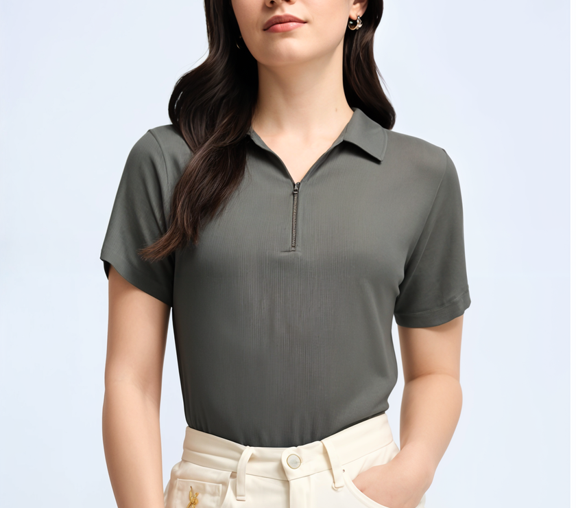 Mack Jonney Ribbed |Regular Fit | Half Sleeves 100% Cotton Polo Neck Self Design With Zip T-Shirt for Women