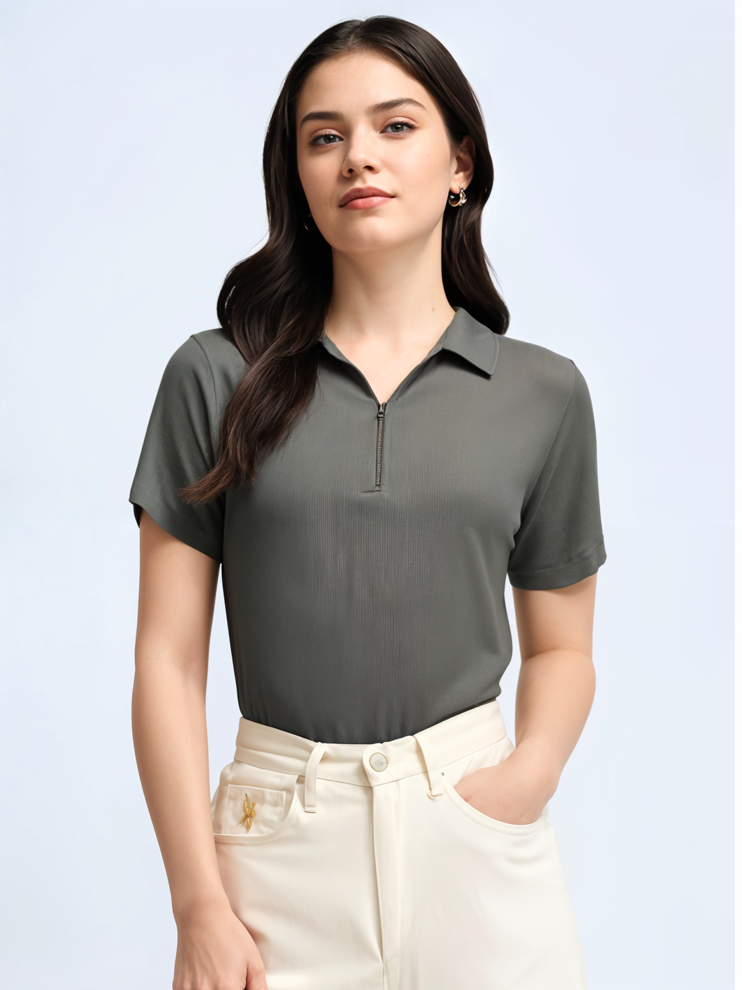 Mack Jonney Ribbed |Regular Fit | Half Sleeves 100% Cotton Polo Neck Self Design With Zip T-Shirt for Women