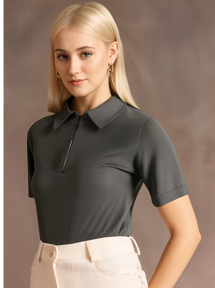 Mack Jonney Ribbed |Regular Fit | Half Sleeves 100% Cotton Polo Neck Self Design With Zip T-Shirt for Women