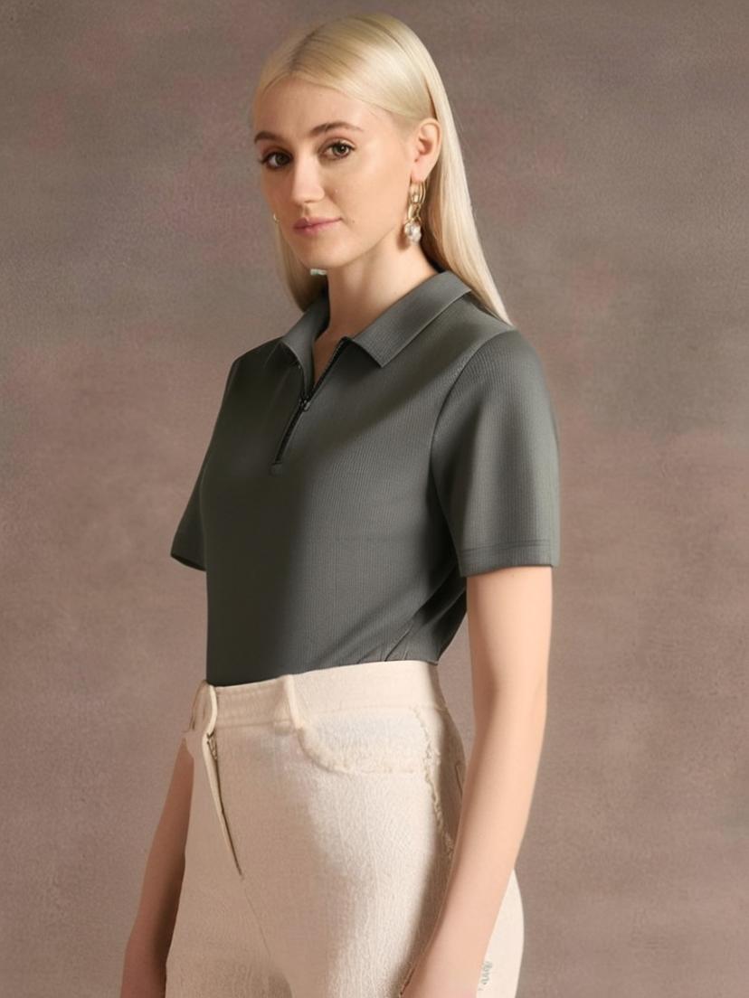 Mack Jonney Ribbed |Regular Fit | Half Sleeves 100% Cotton Polo Neck Self Design With Zip T-Shirt for Women