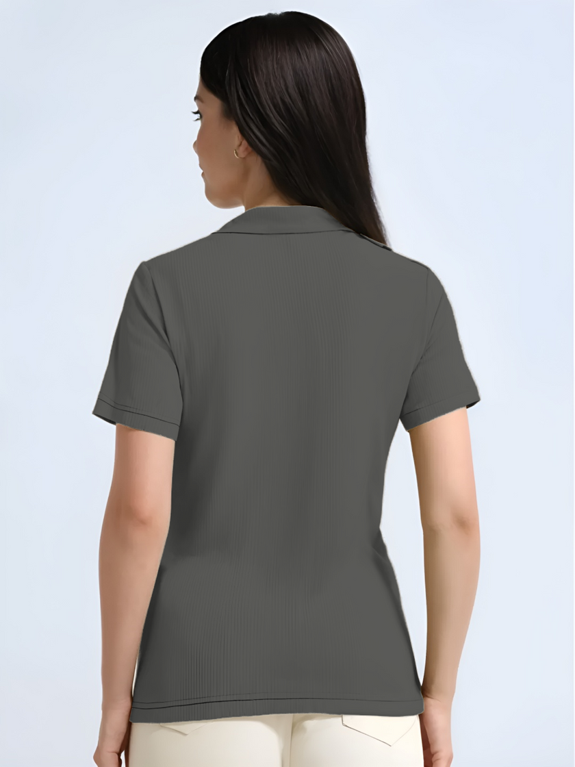 Mack Jonney Ribbed |Regular Fit | Half Sleeves 100% Cotton Polo Neck Self Design With Zip T-Shirt for Women