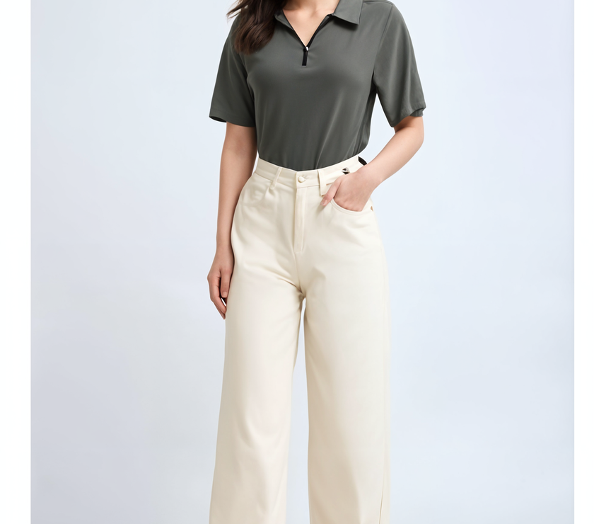 Mack Jonney Ribbed |Regular Fit | Half Sleeves 100% Cotton Polo Neck Self Design With Zip T-Shirt for Women