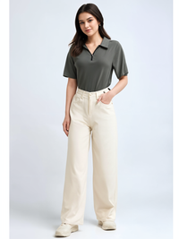 Mack Jonney Ribbed |Regular Fit | Half Sleeves 100% Cotton Polo Neck Self Design With Zip T-Shirt for Women