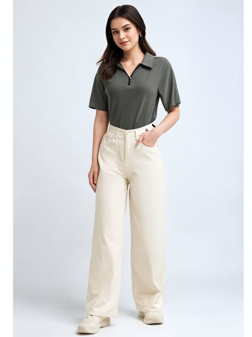Mack Jonney Ribbed |Regular Fit | Half Sleeves 100% Cotton Polo Neck Self Design With Zip T-Shirt for Women