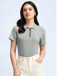 Mack Jonney Ribbed |Regular Fit | Half Sleeves 100% Cotton Polo Neck Self Design With Zip T-Shirt for Women