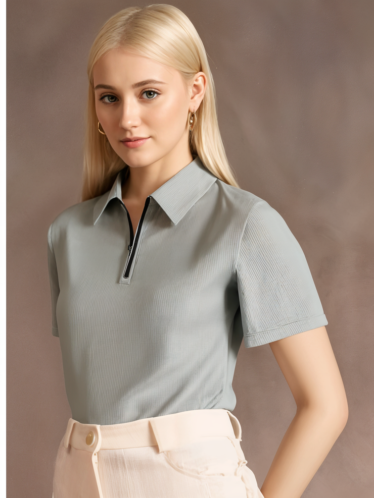 Mack Jonney Ribbed |Regular Fit | Half Sleeves 100% Cotton Polo Neck Self Design With Zip T-Shirt for Women