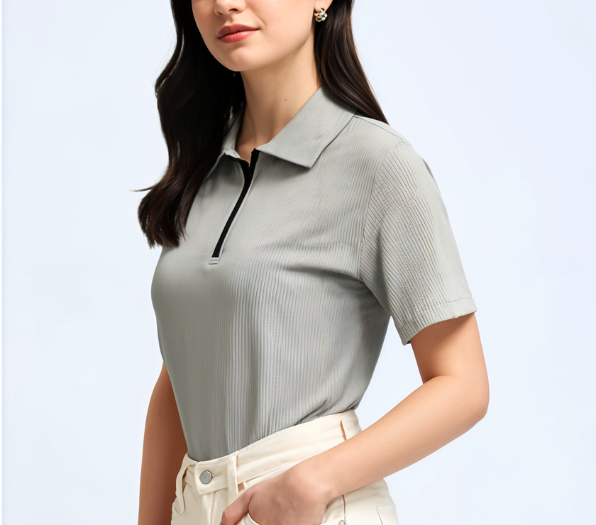 Mack Jonney Ribbed |Regular Fit | Half Sleeves 100% Cotton Polo Neck Self Design With Zip T-Shirt for Women