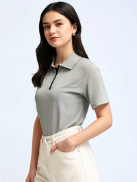 Mack Jonney Ribbed |Regular Fit | Half Sleeves 100% Cotton Polo Neck Self Design With Zip T-Shirt for Women