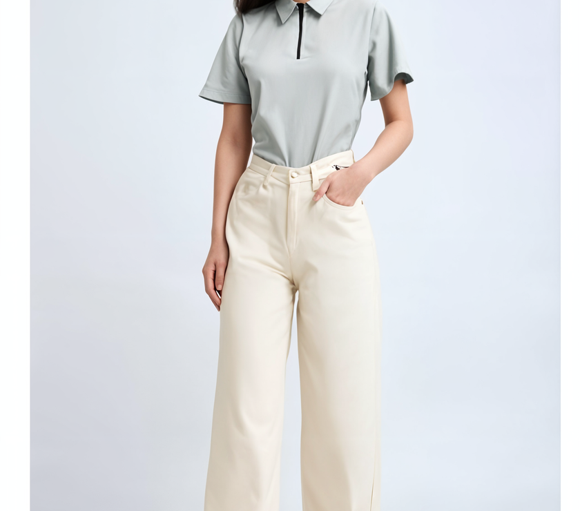 Mack Jonney Ribbed |Regular Fit | Half Sleeves 100% Cotton Polo Neck Self Design With Zip T-Shirt for Women