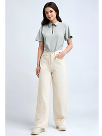 Mack Jonney Ribbed |Regular Fit | Half Sleeves 100% Cotton Polo Neck Self Design With Zip T-Shirt for Women