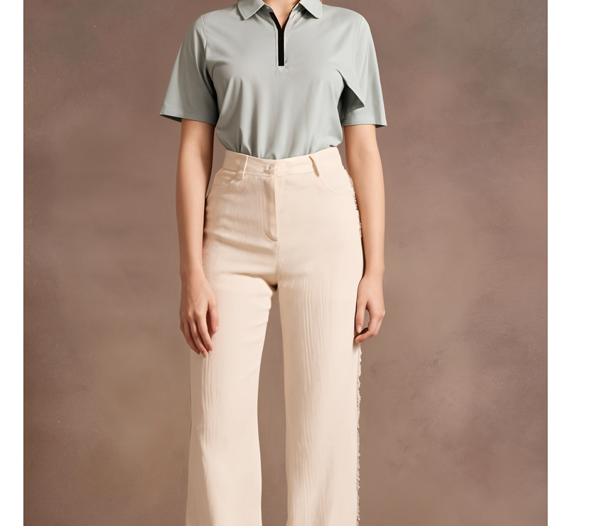 Mack Jonney Ribbed |Regular Fit | Half Sleeves 100% Cotton Polo Neck Self Design With Zip T-Shirt for Women