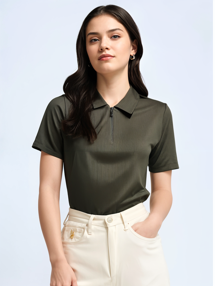 Mack Jonney Ribbed |Regular Fit | Half Sleeves 100% Cotton Polo Neck Self Design With Zip T-Shirt for Women