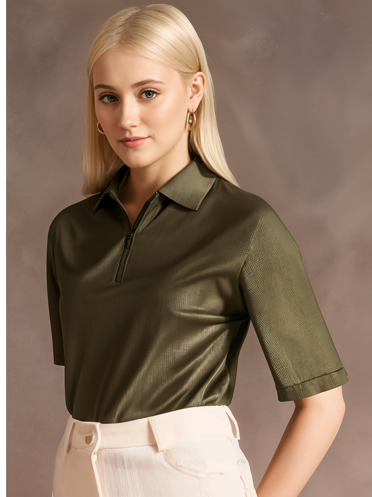 Mack Jonney Ribbed |Regular Fit | Half Sleeves 100% Cotton Polo Neck Self Design With Zip T-Shirt for Women