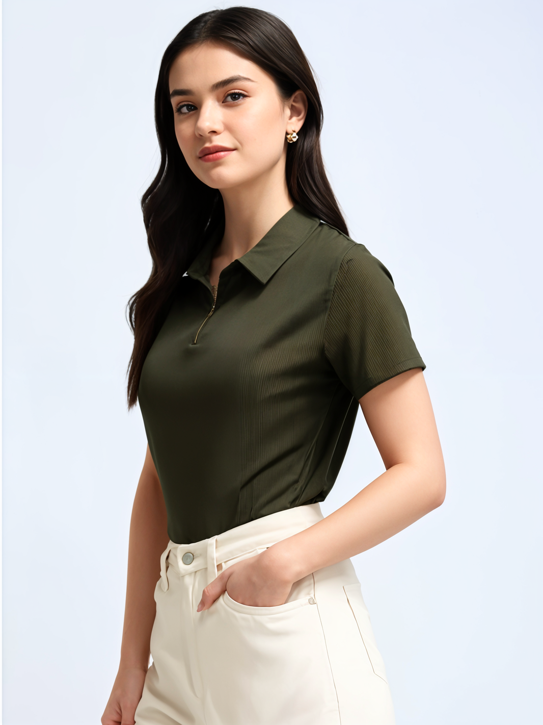 Mack Jonney Ribbed |Regular Fit | Half Sleeves 100% Cotton Polo Neck Self Design With Zip T-Shirt for Women