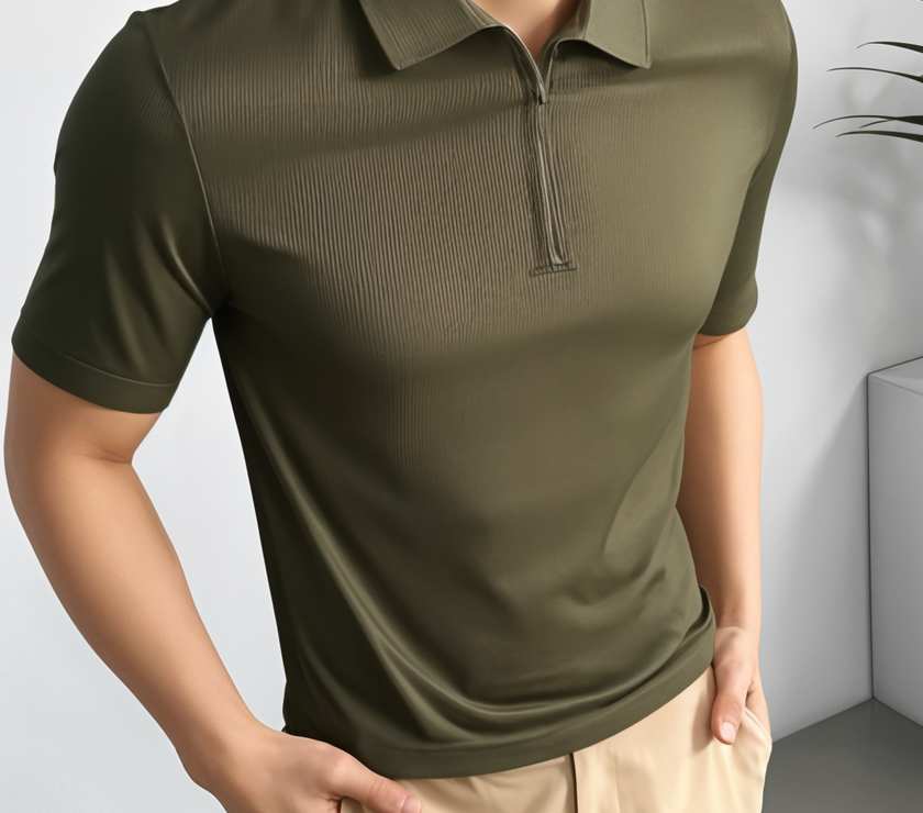 Mack Jonney Ribbed |Regular Fit | Half Sleeves 100% Cotton Polo Neck Self Design With Zip T-Shirt for Men
