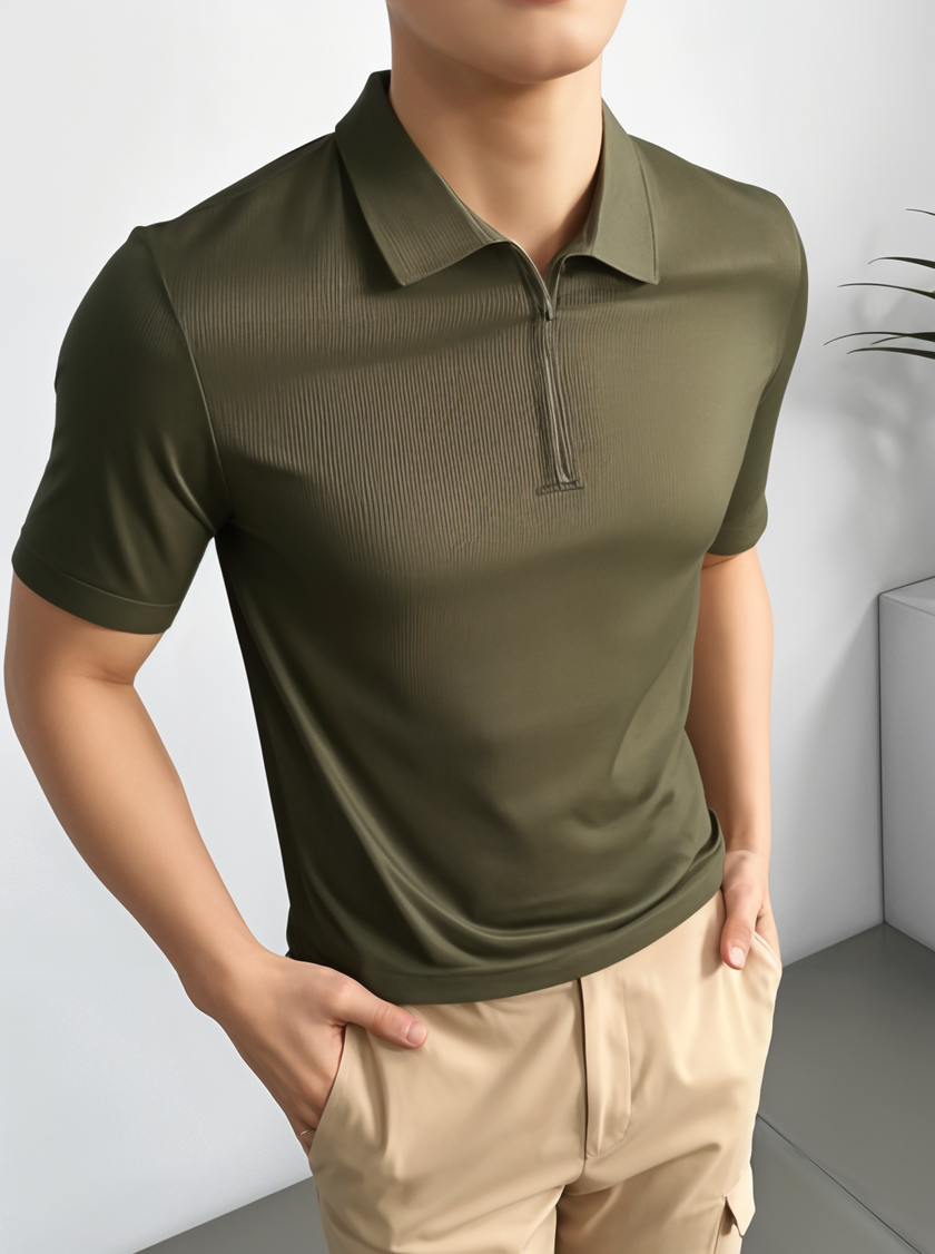 Mack Jonney Ribbed |Regular Fit | Half Sleeves 100% Cotton Polo Neck Self Design With Zip T-Shirt for Men