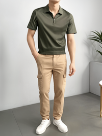 Mack Jonney Ribbed |Regular Fit | Half Sleeves 100% Cotton Polo Neck Self Design With Zip T-Shirt for Men