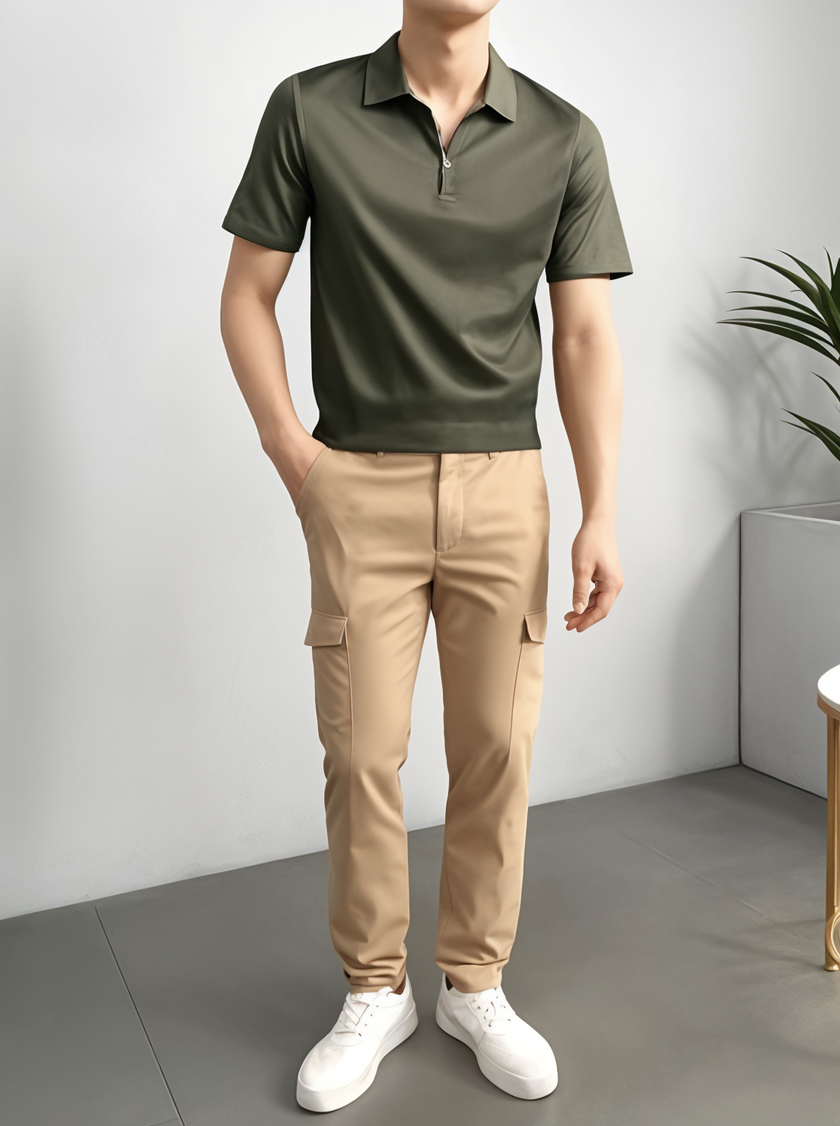Mack Jonney Ribbed |Regular Fit | Half Sleeves 100% Cotton Polo Neck Self Design With Zip T-Shirt for Men