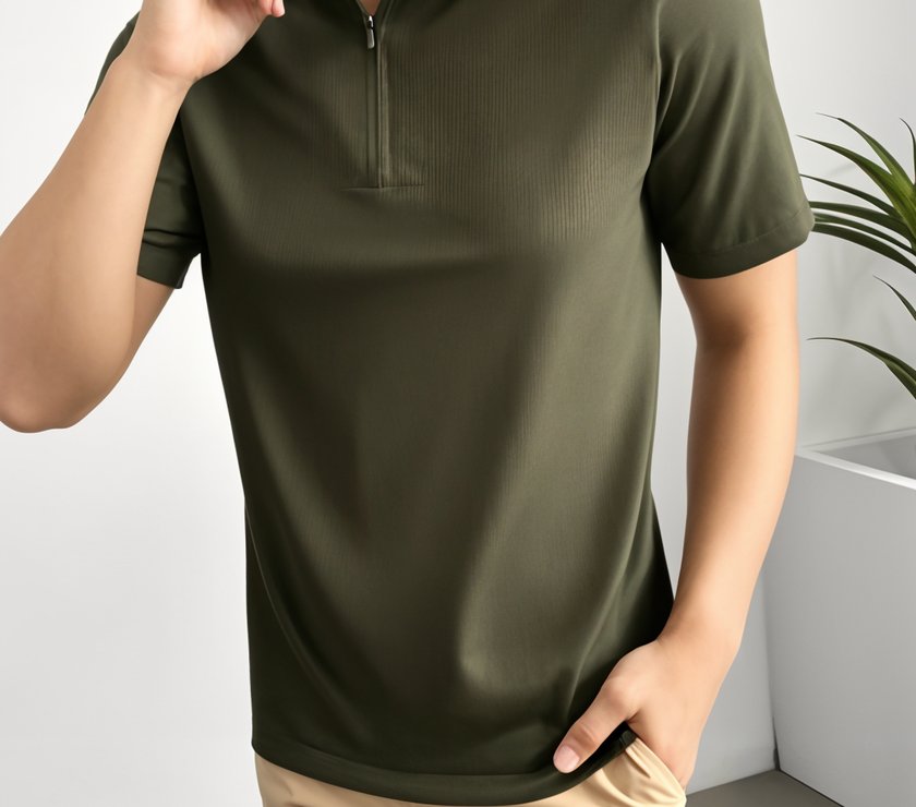 Mack Jonney Ribbed |Regular Fit | Half Sleeves 100% Cotton Polo Neck Self Design With Zip T-Shirt for Men