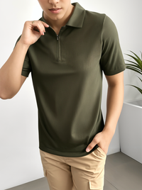 Mack Jonney Ribbed |Regular Fit | Half Sleeves 100% Cotton Polo Neck Self Design With Zip T-Shirt for Men