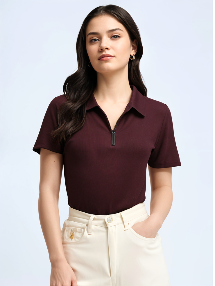 Mack Jonney Ribbed |Regular Fit | Half Sleeves 100% Cotton Polo Neck Self Design With Zip T-Shirt for Women