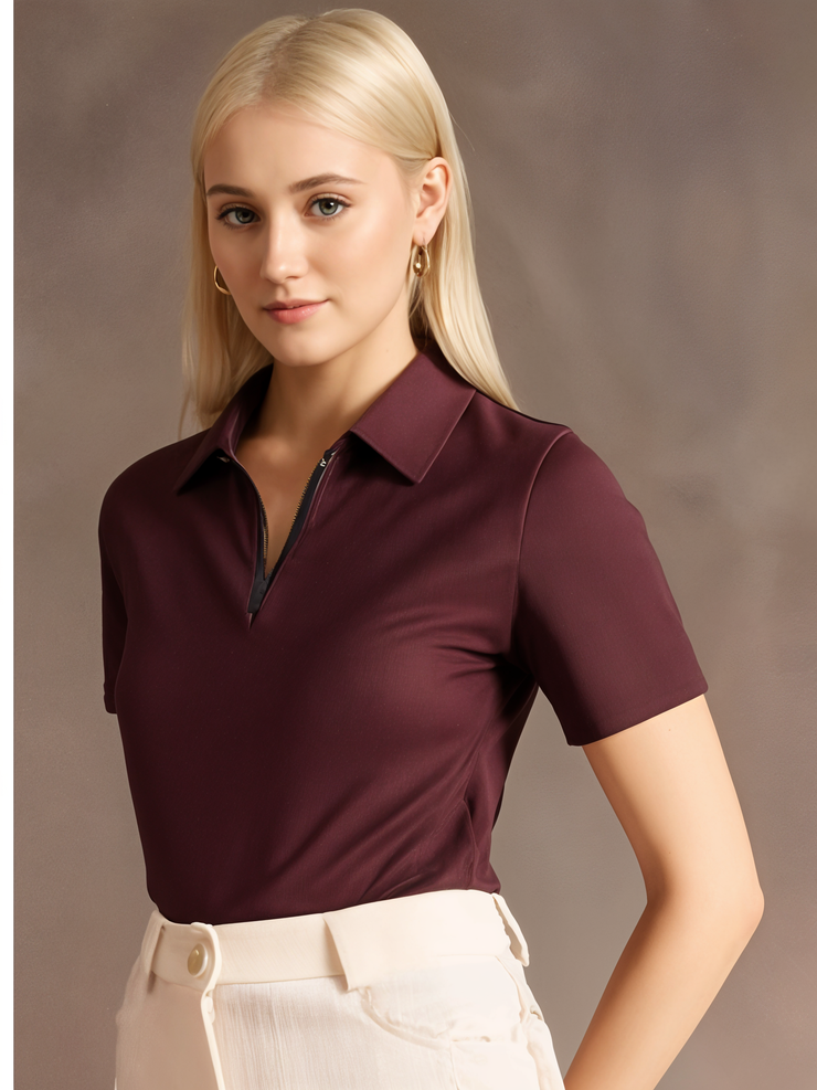 Mack Jonney Ribbed |Regular Fit | Half Sleeves 100% Cotton Polo Neck Self Design With Zip T-Shirt for Women
