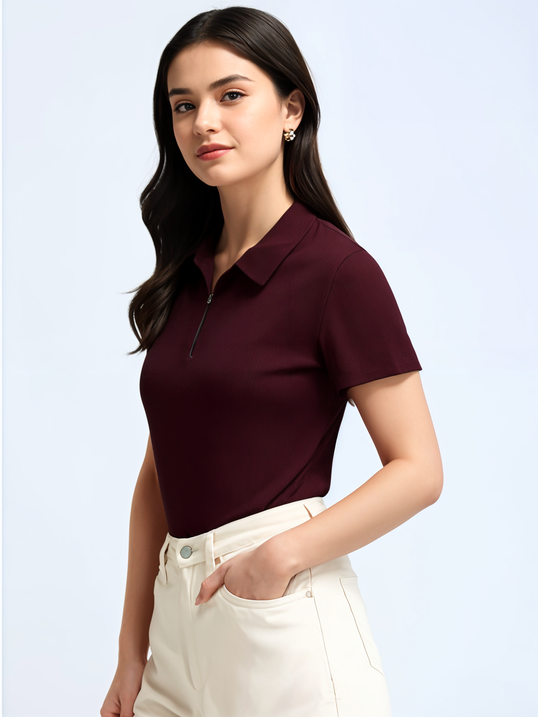 Mack Jonney Ribbed |Regular Fit | Half Sleeves 100% Cotton Polo Neck Self Design With Zip T-Shirt for Women