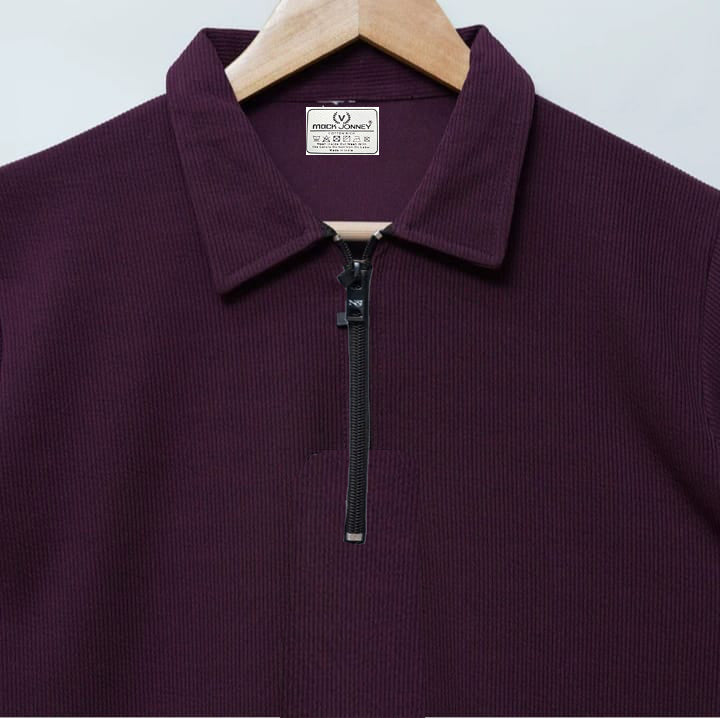 Mack Jonney Ribbed |Regular Fit | Half Sleeves 100% Cotton Polo Neck Self Design With Zip T-Shirt for Men