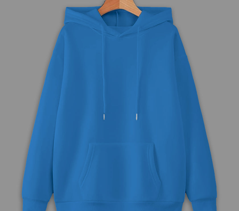 Mack Jonney Blue Solid Hooded Cotton Fleece Sweatshirt for Women