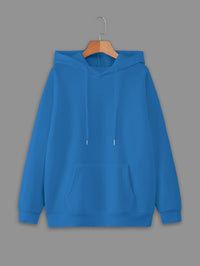 Mack Jonney Blue Solid Hooded Cotton Fleece Sweatshirt for Women