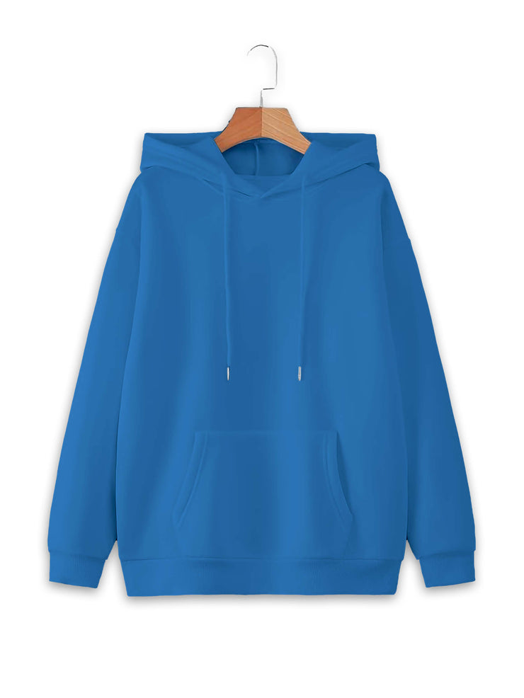Mack Jonney Blue Solid Hooded Cotton Fleece Sweatshirt for Women