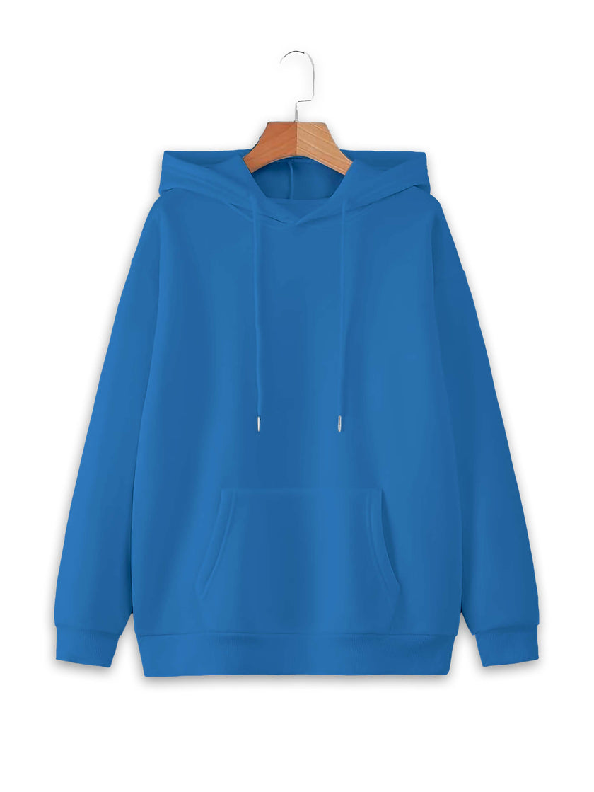 Mack Jonney Blue Solid Hooded Cotton Fleece Sweatshirt for Women