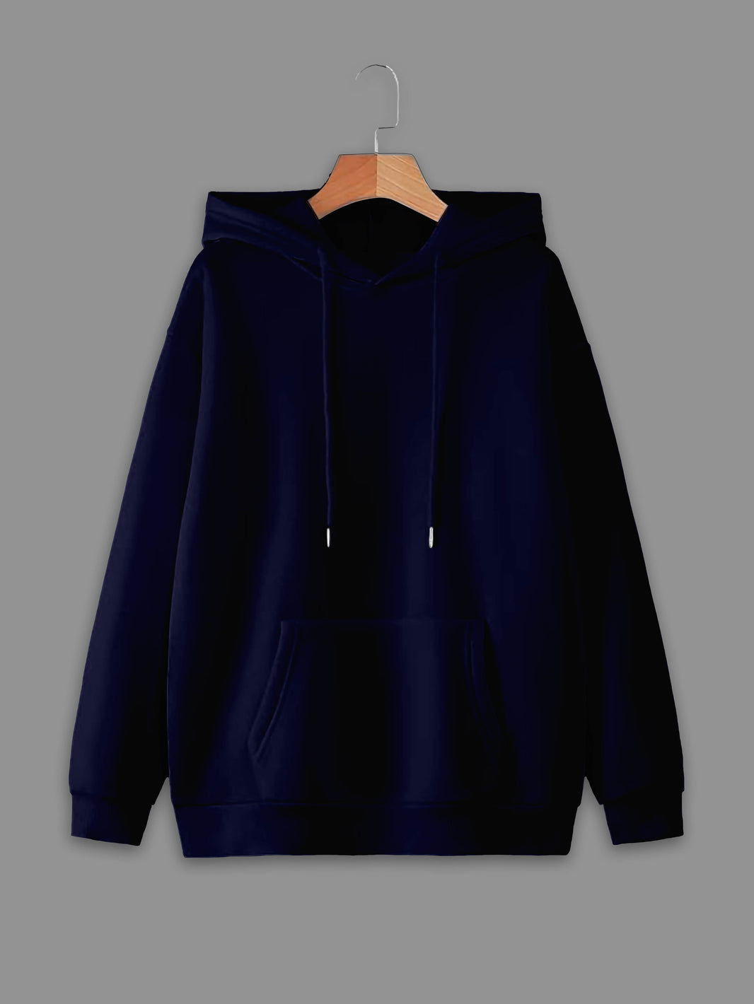 Mack Jonney Navy Blue Solid Hooded Cotton Fleece Sweatshirt for Women