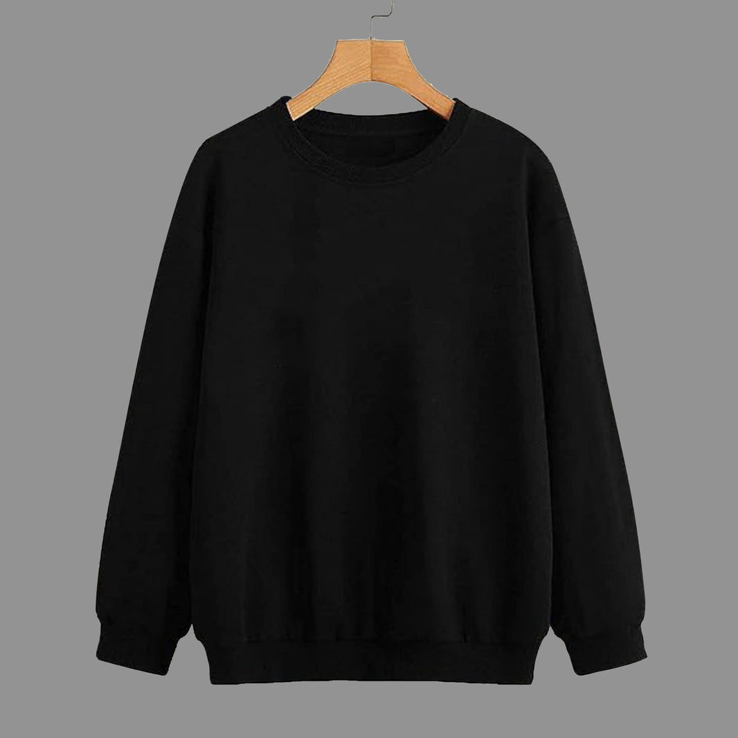 Mack Jonney Black Solid Round Neck Cotton Fleece Sweatshirt for Women