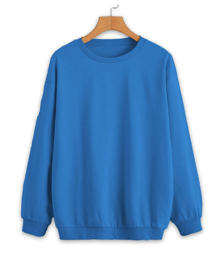 Mack Jonney Blue Solid Round Neck Cotton Fleece Sweatshirt for Women