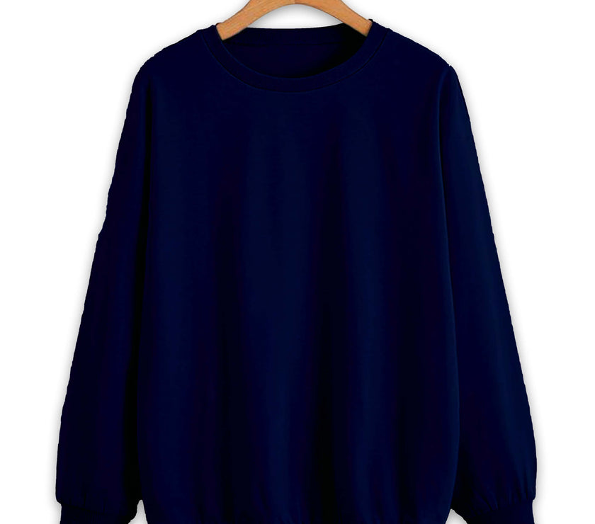 Mack Jonney Navy Blue Solid Round Neck Cotton Fleece Sweatshirt for Women