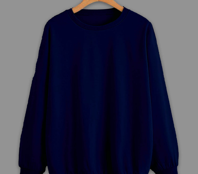 Mack Jonney Navy Blue Solid Round Neck Cotton Fleece Sweatshirt for Women