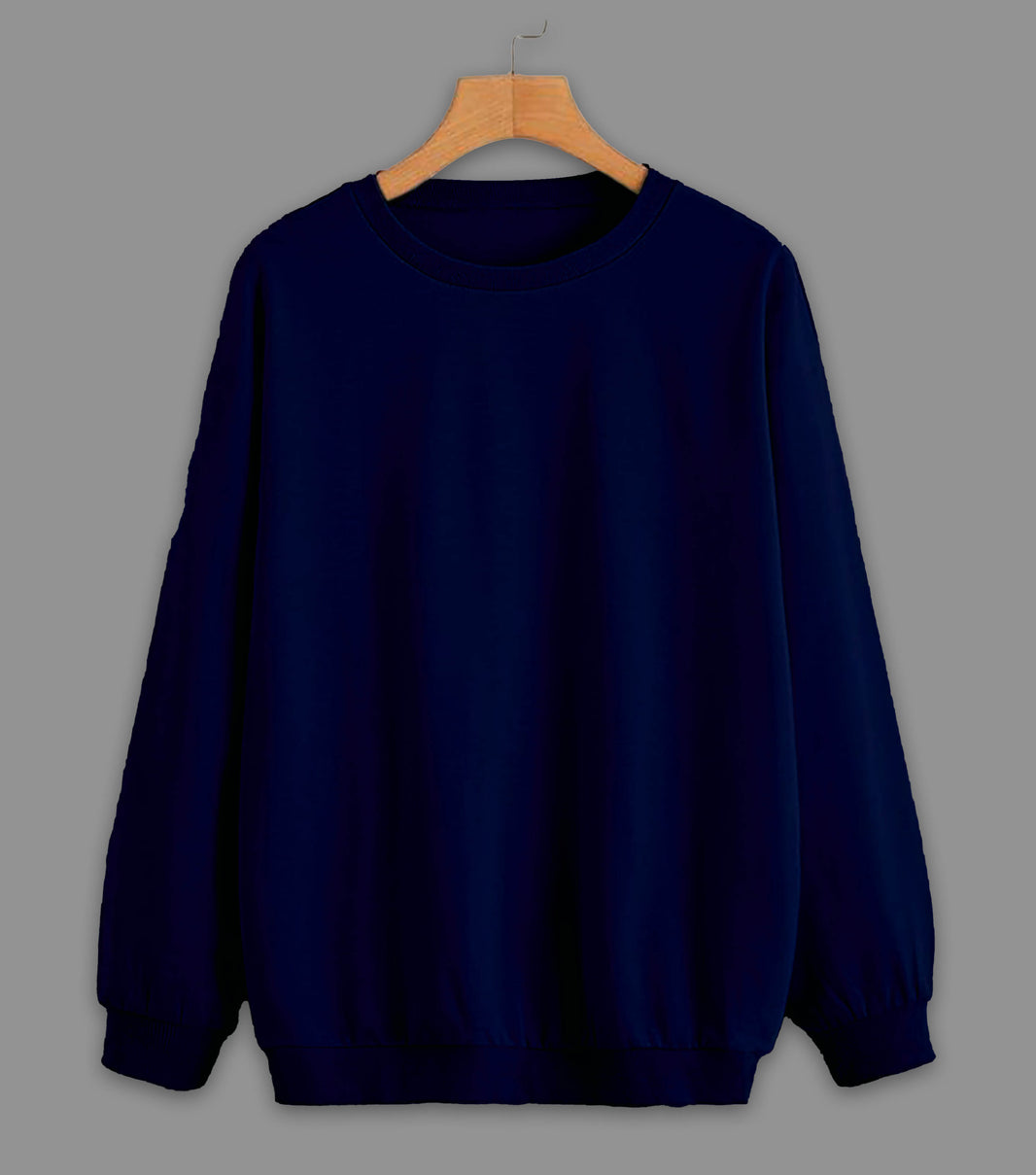 Mack Jonney Navy Blue Solid Round Neck Cotton Fleece Sweatshirt for Women