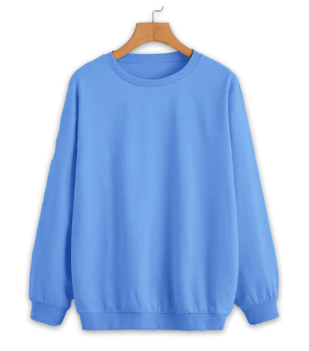 Mack Jonney Sky Blue Solid Round Neck Cotton Fleece Sweatshirt for Women